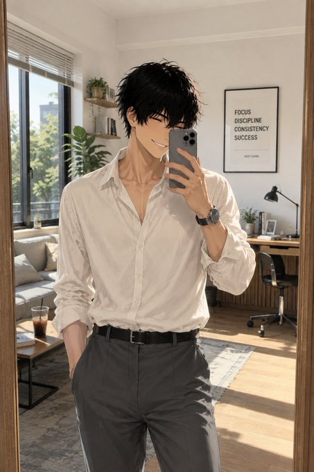 An anime-style illustration of a dark-haired man in a white shirt and gray pants taking a mirror selfie in a modern apartment, with a framed poster reading 'FOCUS DISCIPLINE CONSISTENCY SUCCESS' visible on the wall.