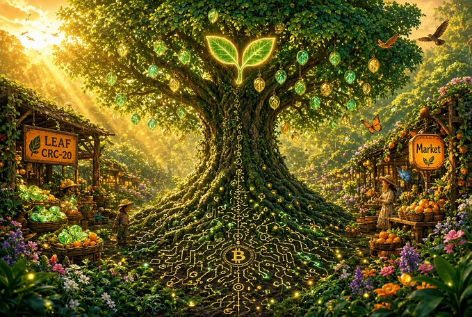 A fantasy digital artwork of a glowing tree with circuit-board roots featuring a Bitcoin symbol, flanked by market stalls labeled 'LEAF CRC-20' and 'Market'.