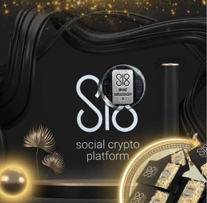 The image displays a promotional graphic for "Sio" - a "social crypto platform" featuring an "S18 Brand Ambassador II" badge/coin, along with golden palm leaves and branded merchandise like mugs and boxes in an ornate black and gold design.

The image relates to the post by showcasing the Sio social crypto platform's branding, which likely serves as a visual representation of a newer, social/community-driven approach to crypto that contrasts with the traditional RWA (Real World Asset) focus on gold, real estate, and government bonds mentioned in the accompanying text.