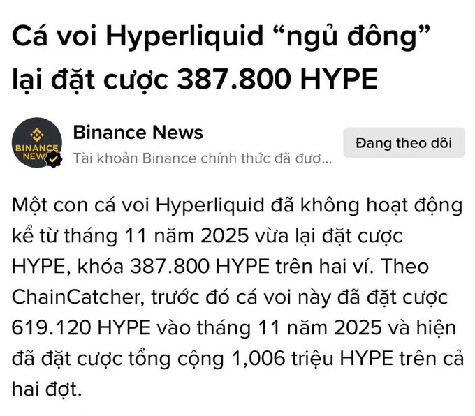 A Binance News article in Vietnamese reports that a Hyperliquid whale ("cá voi Hyperliquid") that had been inactive since November 2025 has resumed activity by staking an additional 387,800 HYPE, bringing its total locked amount to over 1 million HYPE, contrasting a previous 619,120 HYPE stake. The image headlines "Cá voi Hyperliquid 'ngủ đông' lại đặt cược 387.800 HYPE" and credits ChainCatcher as the source.