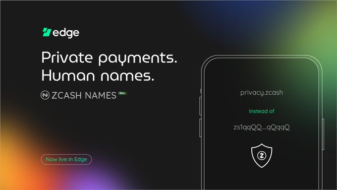 The image features an advertisement for a payment system called "Edge" that allows users to send payments using human names instead of addresses or email addresses. It emphasizes the importance of privacy and security, as well as the convenience of sending payments through Zcash Names in Edge. The text on the image highlights these key points, making it clear how the system works and its benefits for users.