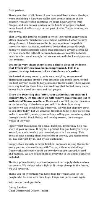A letter from Trezor CEO Danny Sanders to resellers, acknowledging that resellers can no longer sell current stock after January 1, 2017, and thanking them for their partnership in building the Trezor brand.