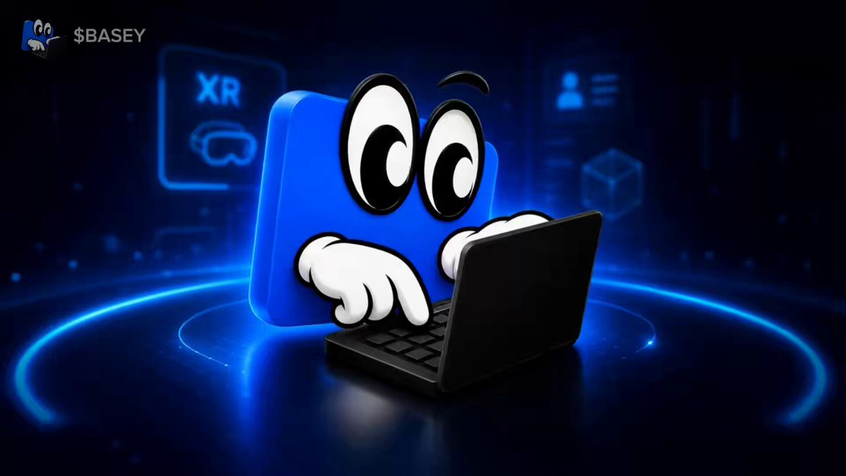 The image features a cartoon character with big eyes sitting at a laptop computer. The character appears to be using the laptop for various tasks such as browsing, typing, or even playing games. The background of the image has a blue color scheme, which complements the cartoon character and adds to the overall visual appeal of the scene. The caption below the image provides information about an AR/VR assistant called Basey that is designed to make new experiences easy for users by plugging them into existing systems like Megapot.