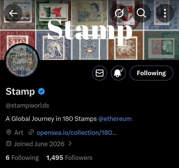 The image shows a social media post from a stamp collector, which has been shared by followers. The post features a collection of stamps with various designs and colors, including some that are Canadian. The post also includes a hashtag "stamp" written in white letters at the top, indicating it is related to stamp collecting. The post's content seems to be about an upcoming global journey to collect 180 stamps from @ethreum.