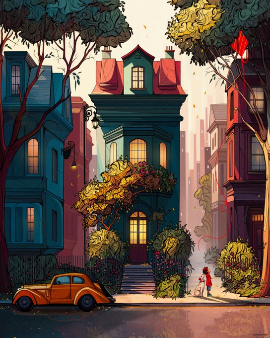A stylized illustration shows a tall, narrow blue townhouse with a red roof and warm glowing windows, framed by trees and flanked by neighboring buildings, with a vintage orange car parked in front and a small figure in a red coat walking a white dog on the sidewalk. The whimsical, storybook-like scene evokes a quiet, nostalgic neighborhood moment that complements the contemplative theme of childhood concerns suggested by the post title "Kid Problems."