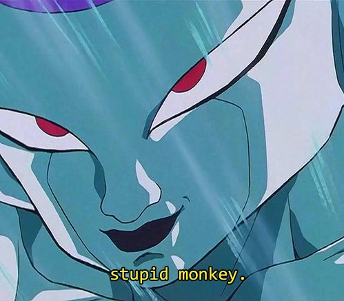 A close-up anime screenshot of a blue-skinned character with red eyes, with the caption 'stupid monkey.' in yellow text.