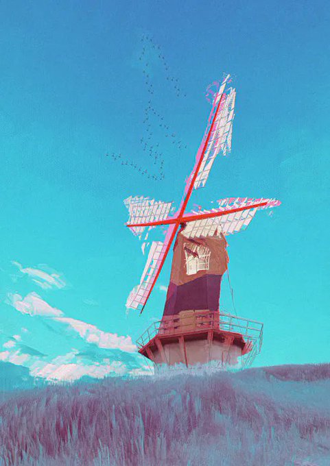 An anime-style painting of a windmill on a grassy hill under a bright turquoise sky, with birds flying in the background.