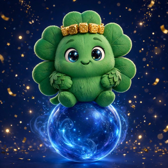 A 3D rendering shows a cute, fluffy green clover-like creature wearing a small gold crown, sitting atop a glowing blue orb filled with swirling energy against a starry background with gold confetti.