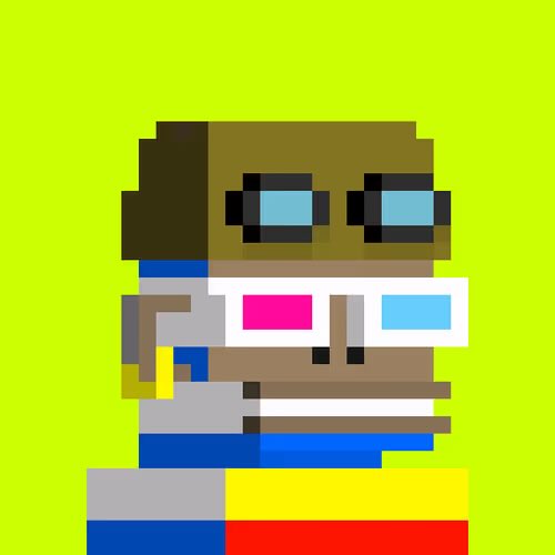 A pixel art character with brown hair, cyan eyes, and red-tinted sunglasses is shown against a bright green background.