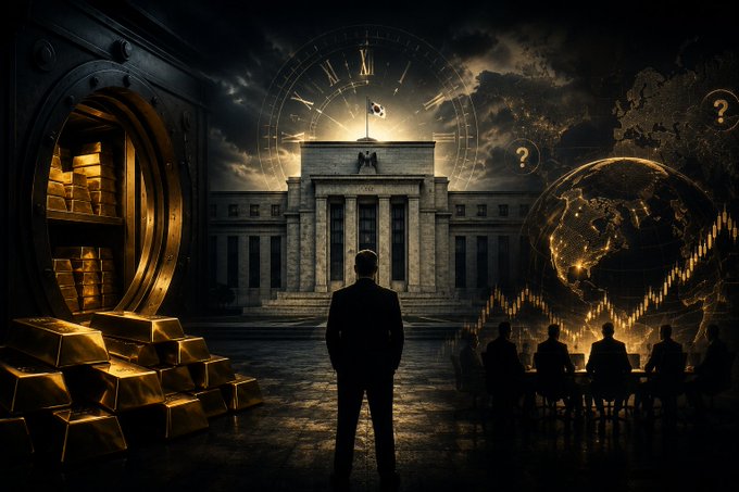 A surreal, dark-toned digital artwork depicting a man standing before a grand building with a massive clock face and gold bars, with shadowy figures seated at a table to the right.