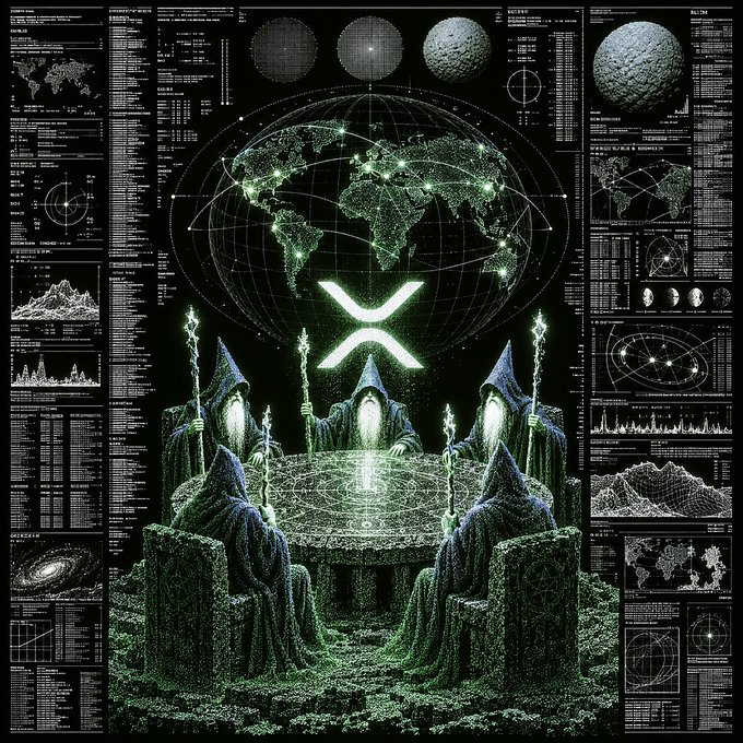 Four hooded wizards sit around a glowing circular table casting their magic, with the XRP logo prominently displayed between them and a wireframe world map hovering above, all framed by panels of charts, celestial bodies, and financial data—evoking a mystical ceremony channeling global liquidity power into the XRP token.