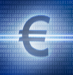 A large blue euro (€) symbol overlaid on a background of binary code, representing the European Central Bank's upcoming 2027 digital euro pilot test with major payment providers like Deutsche Bank, UniCredit, Revolut, and Stripe.