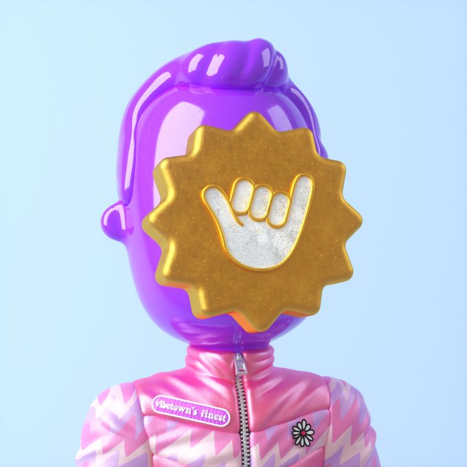 A 3D render of a glossy purple character wearing a pink chevron-patterned jacket with a 'vibetown's finest' patch, featuring a large gold star-shaped badge with a hand making a rock-on sign covering its face.