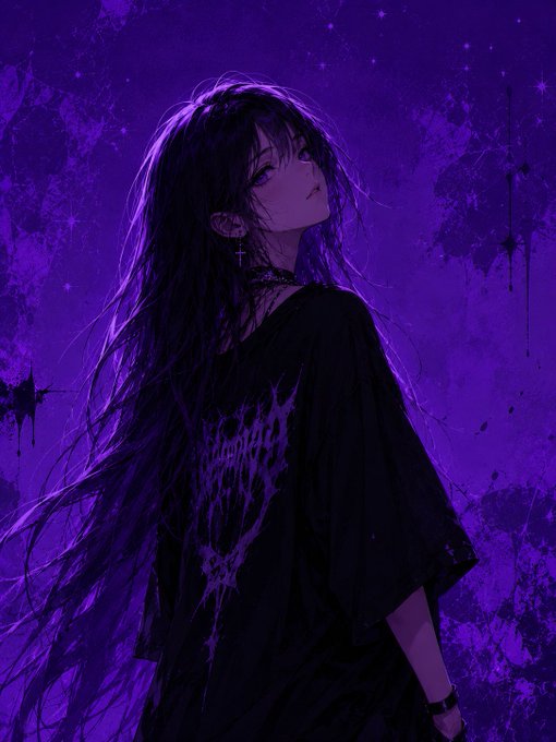 Anime-style digital artwork of a girl with long dark hair looking up, wearing a black shirt with a gothic 'Bound' design against a purple splattered background.