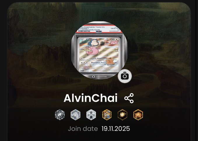 Profile card for user 'AlvinChai' showing a Pokémon-themed avatar with join date 19.11.2025 and various achievement badges.