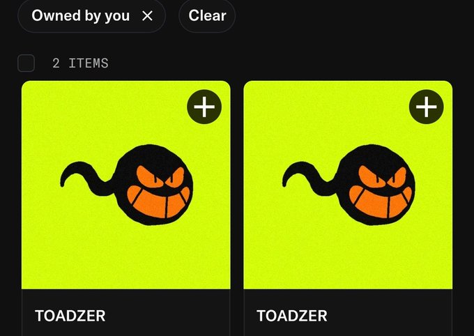 A digital collectibles interface showing two identical green "TOADZER" NFT items (black tadpoles with orange faces) under a filter labeled "Owned by you."