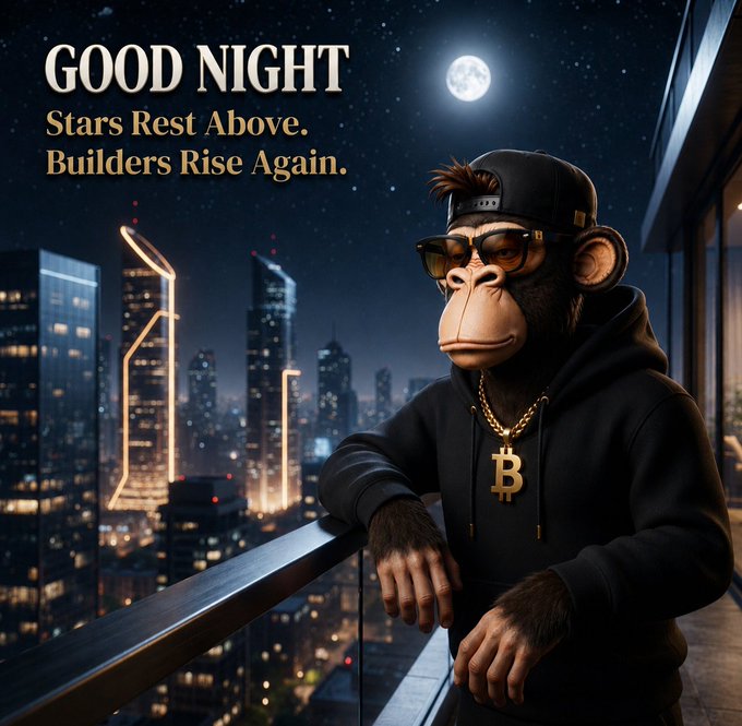 Crypto/NFT meme featuring a monkey in sunglasses and a Bitcoin chain standing on a balcony with the text 'GOOD NIGHT Stars Rest Above. Builders Rise Again.'