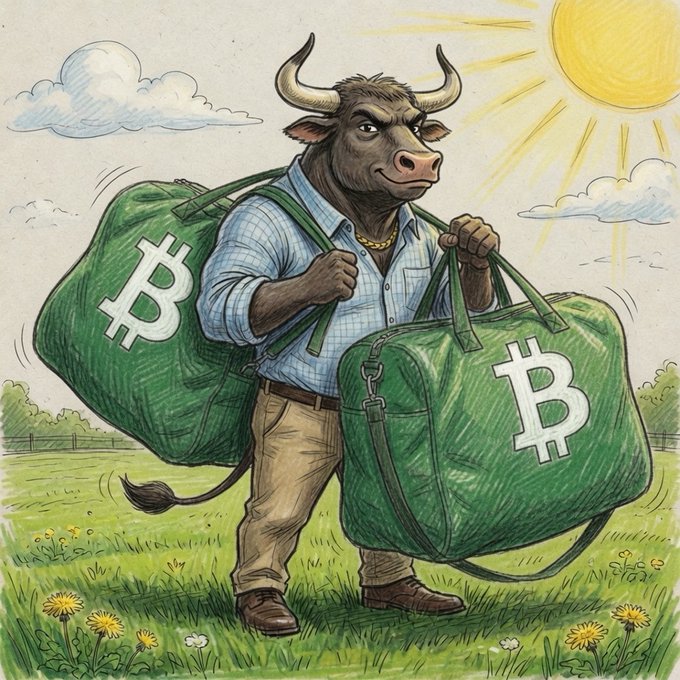 The image features a cartoon bull standing in a field with two green bags, one of which has a white "B" logo on it. The bull appears to be carrying these bags as if they were his own luggage. The text accompanying the illustration reads, "Bags locked and loaded. But he ain't heavy. He's my money." This message suggests that the bull is a symbol for Bitcoin or cryptocurrency, implying that the bags are related to digital currency.