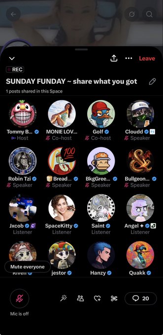 A screenshot of a Twitter/X Spaces audio chat titled "SUNDAY FUNDAY ~ share what you got" featuring hosts Tommy B, MONIE LOVE, Golf, and Cloud7, with various speakers and listeners listed.