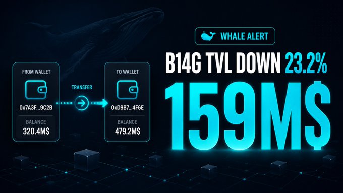 A dark crypto-themed graphic titled "WHALE ALERT" highlights a sharp 23.2% drop in B14G TVL to 159M$, showing a wallet transfer of 320.4M$ from 0x7A3F...9C2B to 0xD9B7...4F6E with a new balance of 479.2M$. The image visually reinforces the accompanying post's warning about B14G's sudden 23% TVL decline and the broader concern over liquidity stress in the market.