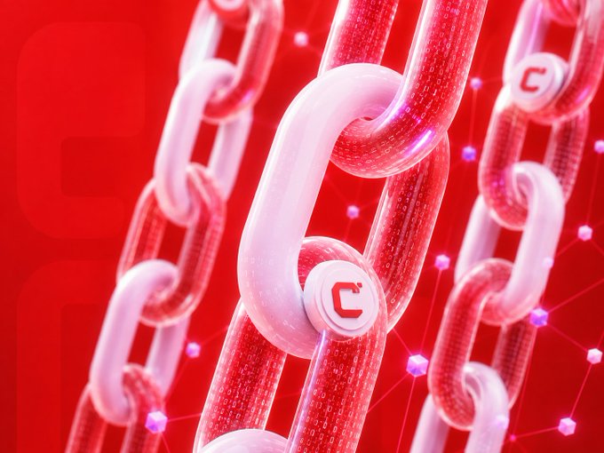 A stylized 3D rendering shows glossy pink and red blockchain links against a vibrant red background, with the letter "C" embossed on circular nodes connecting the chain — symbolizing Casper Network's predictable protocol-driven fee structure as opposed to congestion-based pricing on other chains.