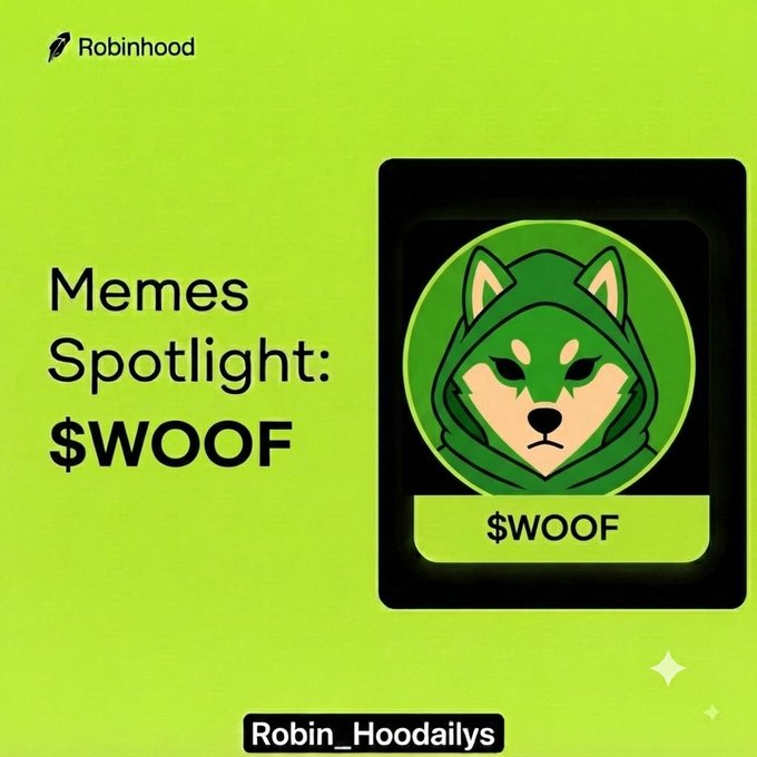 A Robinhood-branded "Memes Spotlight" graphic featuring the $WOOF token, showing a Shiba Inu dog mascot wearing a green hood against a bright green background, promoting the Shib In Hood community.