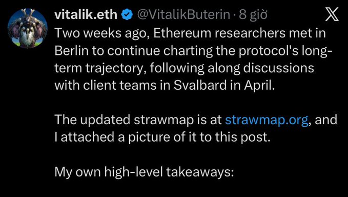 A tweet from Vitalik Buterin (@VitalikButerin) about Ethereum researchers meeting in Berlin to chart the protocol's long-term trajectory, referencing strawmap.org and his high-level takeaways.