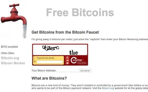 A vintage "Free Bitcoins" webpage from the Bitcoin Faucet offering 5 BTC per visitor upon solving a captcha, featuring a red faucet graphic and ₿750 available, illustrating how easily early Bitcoin could be obtained in 2011 when it was worth only fractions of a cent.