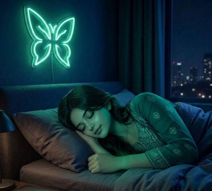 A woman sleeps peacefully in bed beneath a glowing green neon butterfly wall light, with a city skyline visible through the window at night.