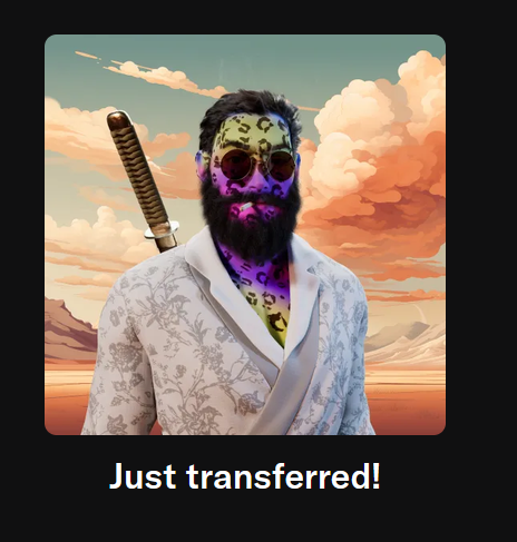 An AI-generated illustration of a bearded man wearing round sunglasses and a white floral robe, with a katana sword on his back, set against a desert sunset, with text 'Just transferred!' at the bottom.