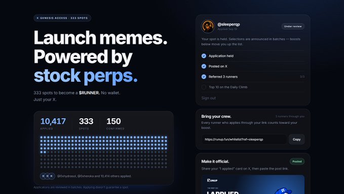 A dark-themed digital dashboard titled "Launch memes. Powered by stock perps." advertising "GENESIS ACCESS - 333 SPOTS" for a meme token called @sleeperpg, with metrics showing 10,417 applied, 333 spots, and 150 confirmed.
