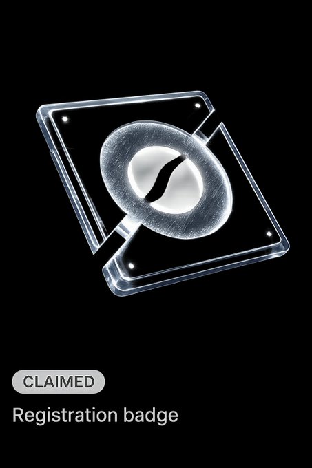 A futuristic, translucent digital badge featuring a coffee bean encased in a circular ring, displayed against a black background with text reading 'CLAIMED Registration badge.'
