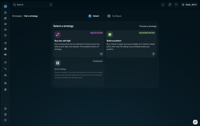 A trading platform interface displaying a 'Set a strategy' screen with options including 'Buy low, sell high,' 'Build a position,' and 'Grid trading.'