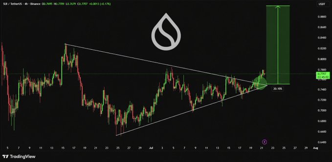 A SUI/USDT 6-hour candlestick chart shows the asset breaking out of a symmetrical triangle pattern around the $0.759 mark, with a green projected arrow indicating a potential ~20% rally toward the $0.90 target, confirming the bullish breakout retest highlighted in the analysis. The chart displays price action between ~$0.63 and $0.84 with trendlines converging into the recent breakout point.