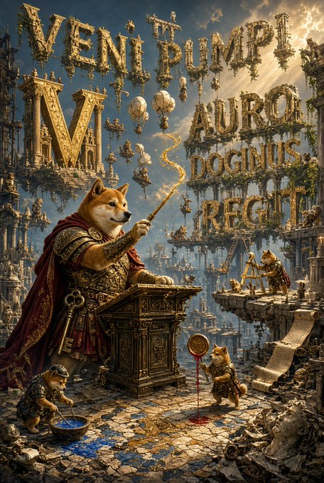 A fantasy illustration featuring a Shiba Inu dressed as a wizard or king holding a staff, surrounded by intricate architecture and stylized text that reads 'Veni Pumpl', 'Auro', 'Dognus', and 'Regit'.