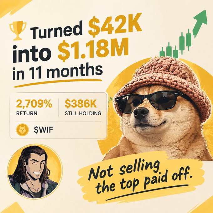 A crypto meme featuring a Shiba Inu dog wearing a beanie and sunglasses, advertising a 2,709% return on $WIF, turning $42K into $1.18M in 11 months.