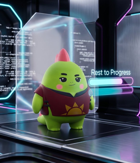 A 3D rendered green character with a red fin on its head, wearing a red and black outfit, standing in front of a futuristic interface displaying 'Rest to Progress' and a progress bar.
