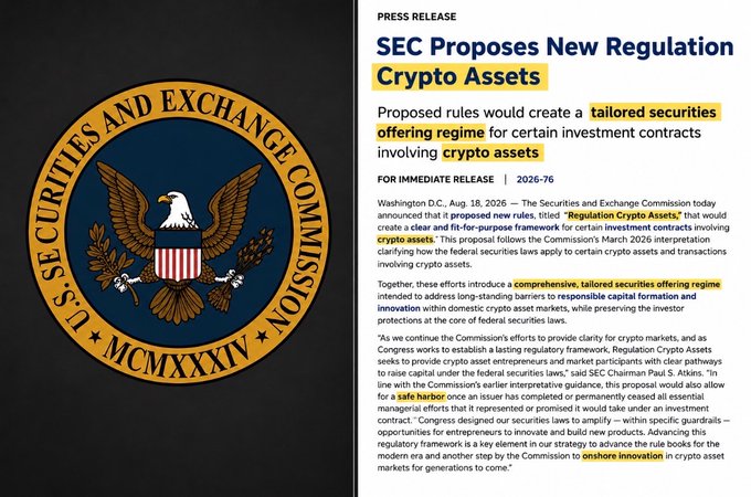 The image features the U.S. Securities and Exchange Commission (SEC) seal alongside a press release dated August 18, 2026, announcing the SEC's proposal of new rules titled "Regulation Crypto Assets" to establish a tailored securities offering regime for investment contracts involving crypto assets, with SEC Chairman Paul S. Atkins quoted emphasizing the proposal's goal of providing clarity for crypto markets and supporting responsible capital formation.