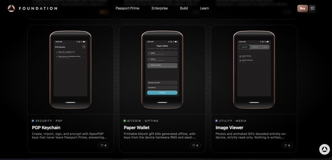 The Passport Foundation website displaying three phone mockups showcasing 'PGP Keychain', 'Paper Wallet', and 'Image Viewer' features for Bitcoin gifting and security.