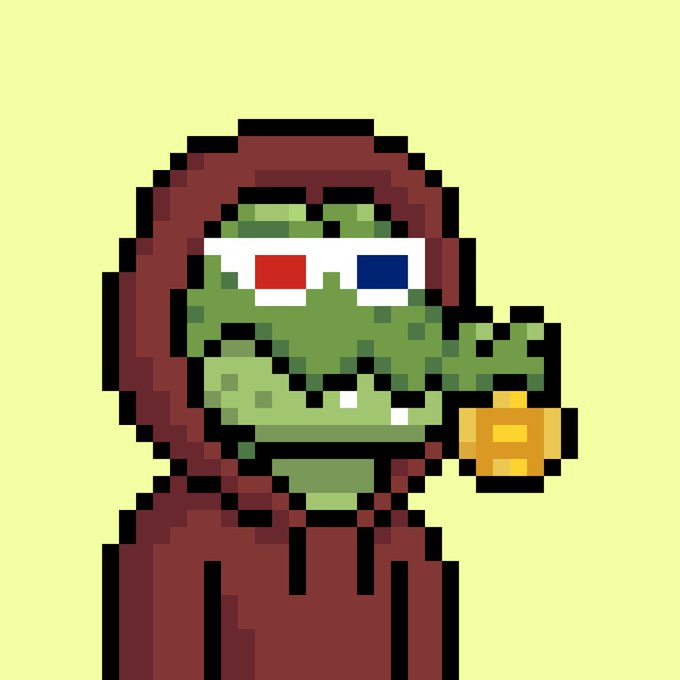 A pixel art illustration of a green Pepe the Frog character wearing a red hooded cloak, with anaglyph 3D glasses (red and blue lenses), holding a gold coin or token next to its face. The image humorously supports the post's claim about $HBAR's NFTs, suggesting the Pepe NFT is so impressive that viewers need 3D glasses to fully appreciate it.