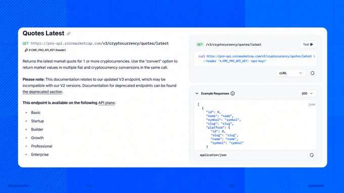 The image shows the CoinMarketCap API documentation page for the "Quotes Latest" endpoint (/v3/cryptocurrency/quotes/latest), featuring the GET endpoint URL, description explaining its use for returning market quote data for 1+ cryptocurrencies with a "convert" option for currency conversion, a cURL code sample, and an example JSON response showing price data for Bitcoin (BTC) and Ripple (XRP).