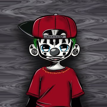 A digital illustration of a cartoon character with green hair, face tattoos, and piercings, wearing a red backwards cap and a red t-shirt with 'CLOUDS' text visible, set against a wavy gray background.