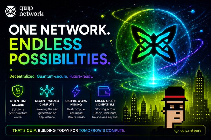 The image is a promotional graphic for "quip network" featuring the tagline "ONE NETWORK. ENDLESS POSSIBILITIES." alongside a glowing green butterfly-style logo over a futuristic cityscape, highlighting features like "Quantum Secure," "Decentralized Compute," "Useful-work Mining," and "Cross-chain Compatible," with the website "quip.network" shown at the bottom right. The graphic visually reinforces the accompanying post's message by showcasing quip.network's vision of combining quantum-secure, decentralized infrastructure to make advanced computing more accessible.