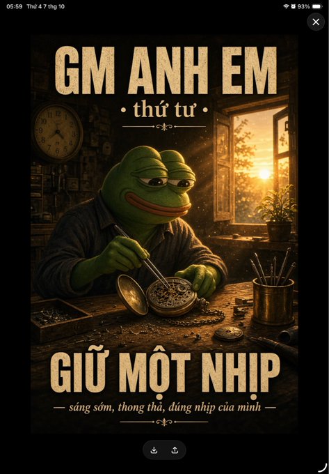 A poster-style image featuring Pepe the Frog working at a desk with tools, with Vietnamese text reading 'GM ANH EM thứ tư' (Good morning everyone Wednesday) and 'GIỮ MỘT NHỊP' (Keep a rhythm).
