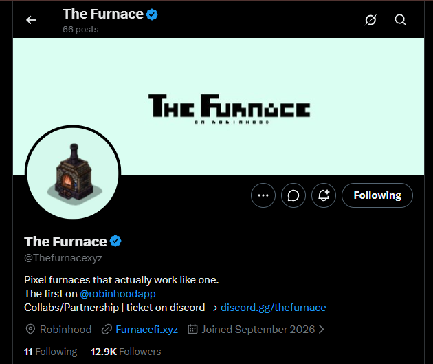 A screenshot of an X/Twitter profile for 'The Furnace' (@Thefurnacexyz), described as 'Pixel furnaces that actually work like one,' with 12.9K followers.