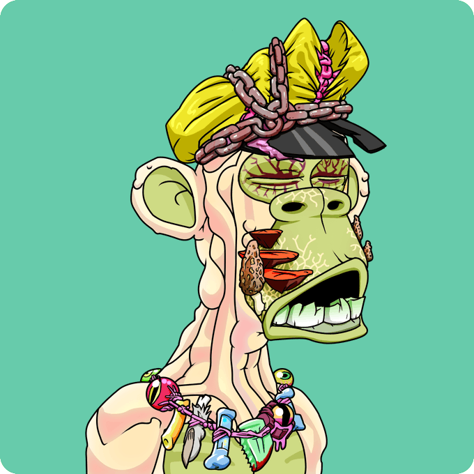 A cartoon-style illustration of a grotesque, zombie-like ape character with green skin, bulging red eyes, and sharp teeth, wearing a yellow hat tied with chains and a necklace made of various objects.