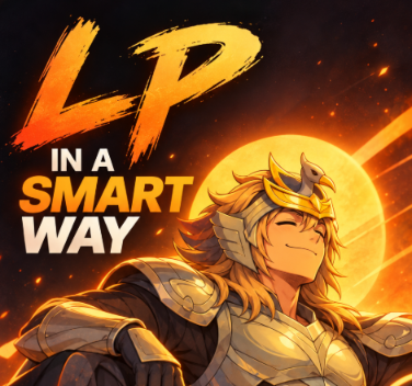 A promotional graphic with the text 'LP IN A SMART WAY' featuring an anime-style blonde character in golden armor smiling against an orange fiery background with a sun.