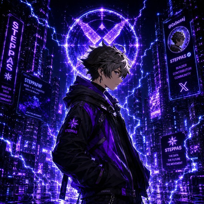 An anime-style illustration of a dark-haired male character in a purple and black jacket standing in a futuristic cyberpunk cityscape with lightning effects and 'STEPPAS' digital billboards promoting 'THE DATA, THE FUTURE, THE MOVEMENT'.