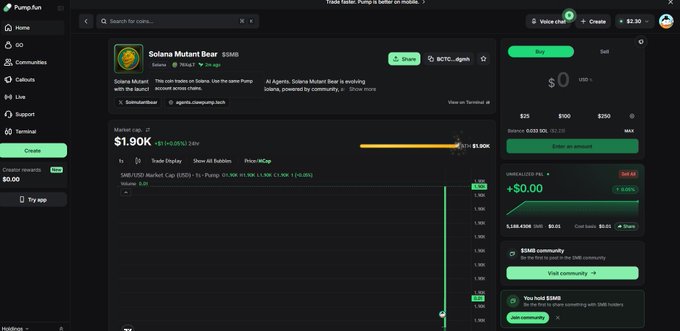 The image shows a screenshot of a website called "@clawpumptech" which has a green background with white text. The title of the page is "The Official Solana Mutant Bear Agent Coin", indicating that this is an article related to Bitcoin or cryptocurrency, specifically about the Coin known as @clawpumptech. The website also provides information and details regarding the Coin and its association with other items on the site such as agents and SMBs (Small Businesses). It appears to be discussing a specific type of coin, the agent coin, which is now live on the platform. Overall, this post seems to focus on the evolution and advancements happening within the world of Web3 and cryptocurrency trading.