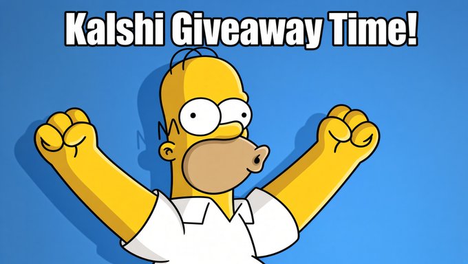 Homer Simpson flexes excitedly beneath the bold text "Kalshi Giveaway Time!" — a fun, attention-grabbing visual for a promotion offering a $500 prize to users who trade $50+ in perps through the poster's referral link.